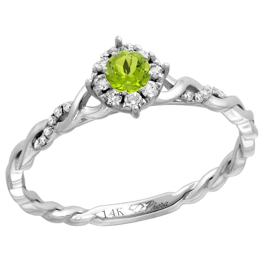 14k White Gold Diamond Halo Genuine Peridot Solitaire Engagement Ring Round Brilliant cut 4mm, size 5-10