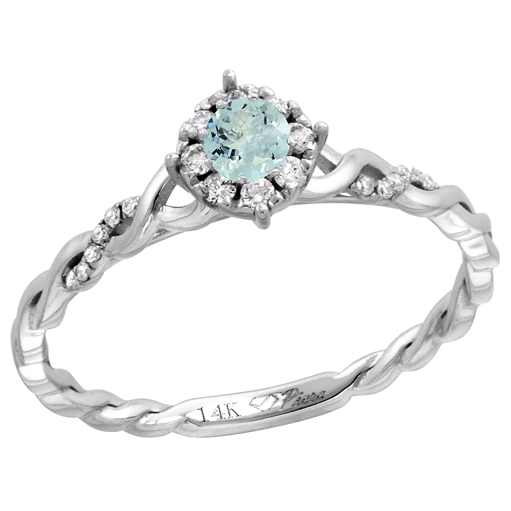 14k White Gold Diamond Halo Genuine Aquamarine Solitaire Engagement Ring Round Brilliant cut 4mm,size5-10