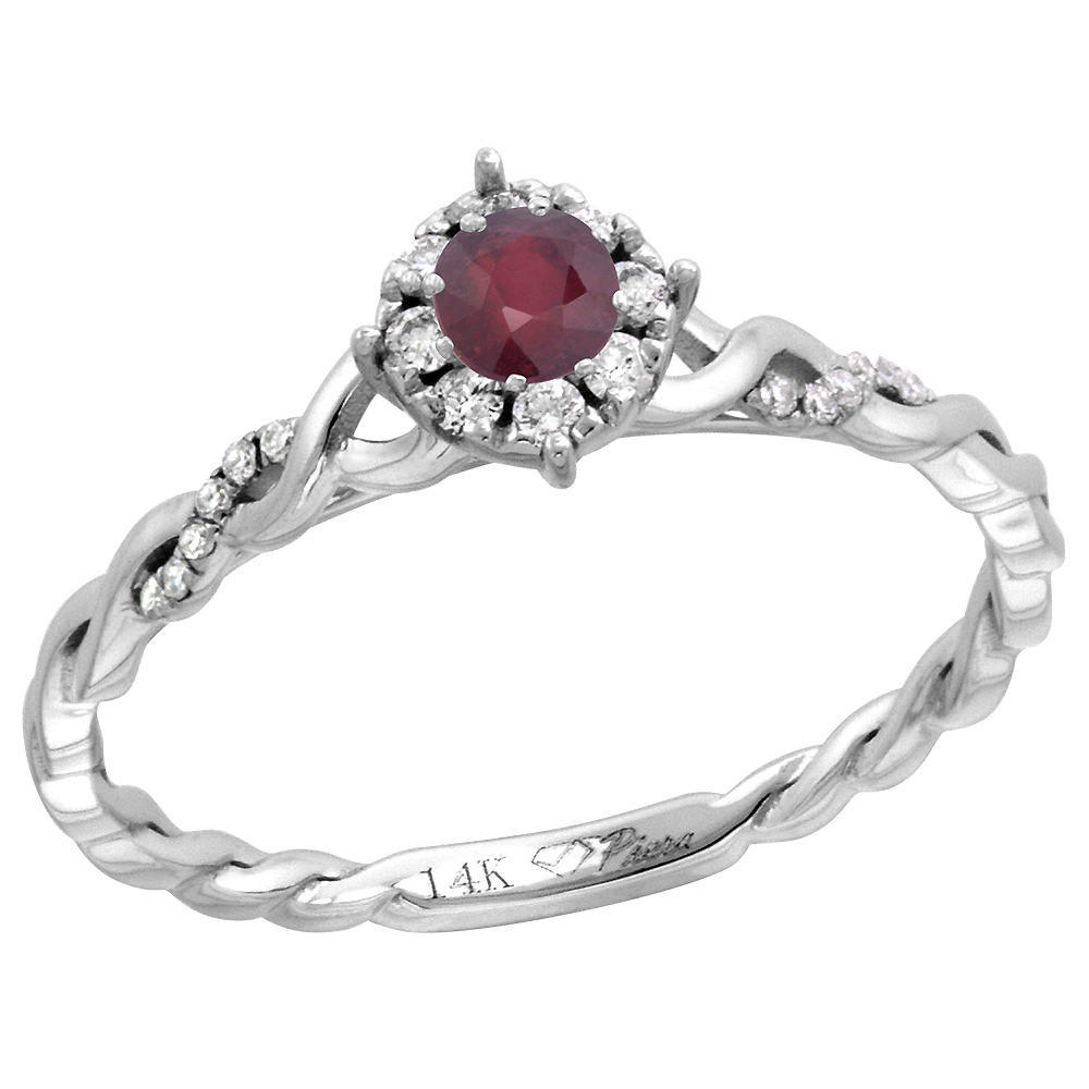 14k White Gold Diamond Halo Enhanced Genuine Ruby Solitaire Engagement Ring Round 4mm, size 5-10