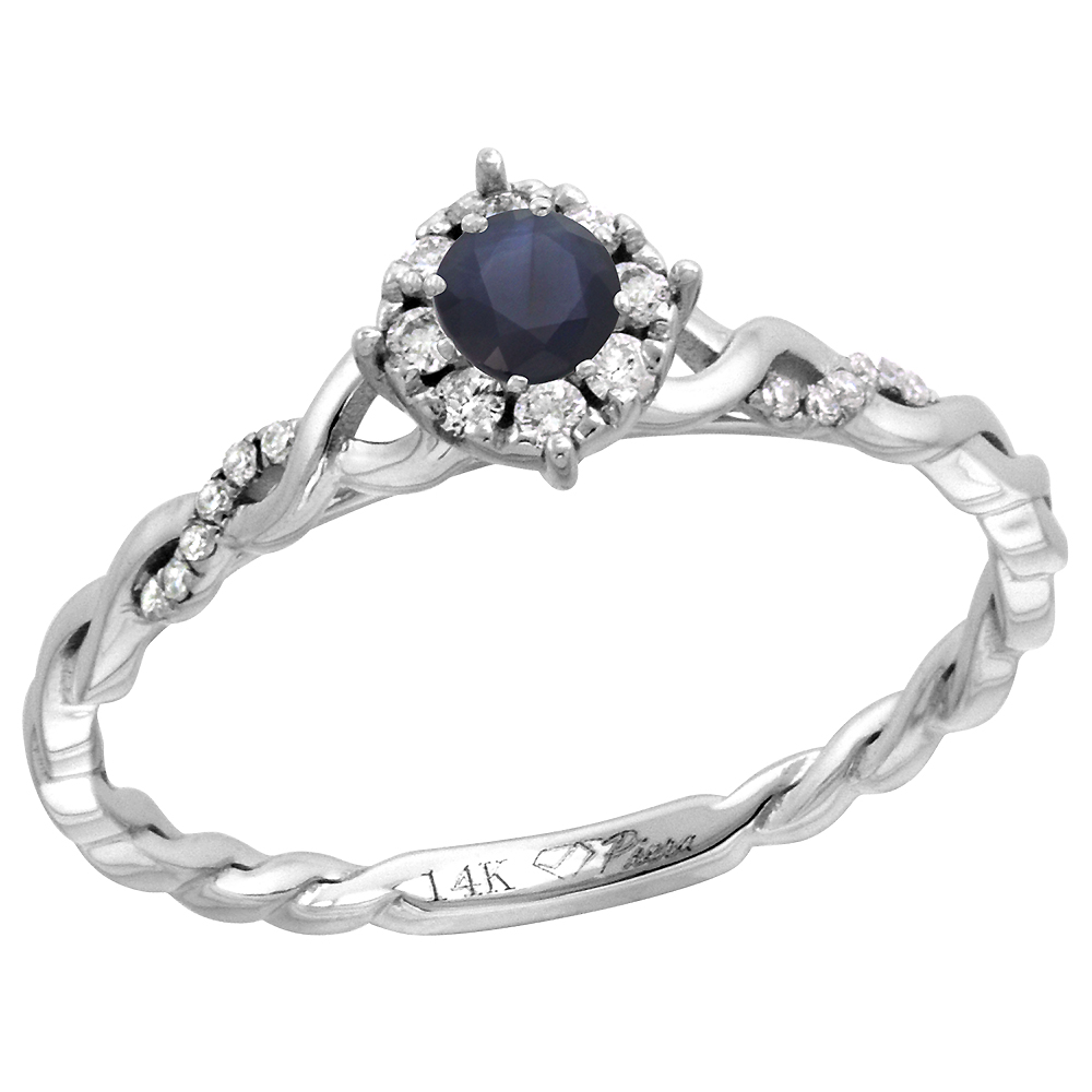 14k White Gold Diamond Halo Blue Sapphire Solitaire Engagement Ring Round Brilliant cut 4mm, size 5-10