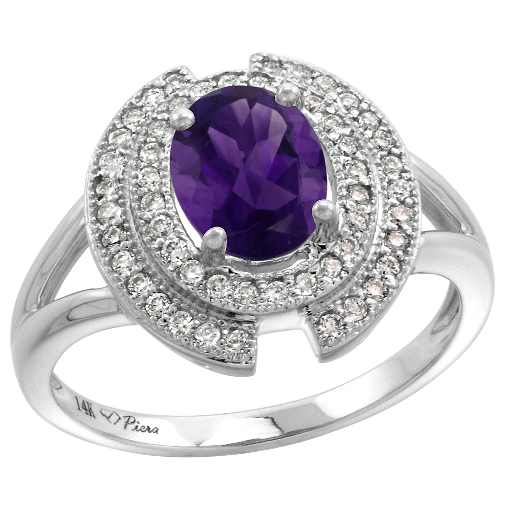 14k White Gold Diamond Halo Genuine Amethyst Engagement Ring Oval 8x6mm, size 5-10