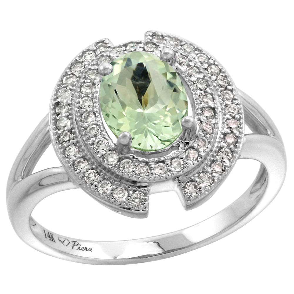 14k White Gold Diamond Halo Genuine Green Amethyst Engagement Ring Oval 8x6mm, size 5-10