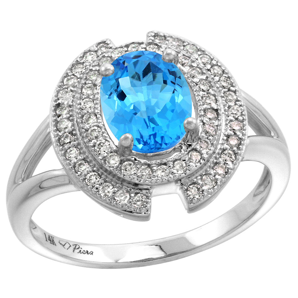 14k White Gold Diamond Halo Genuine Swiss Blue Topaz Engagement Ring Oval 8x6mm, size 5-10