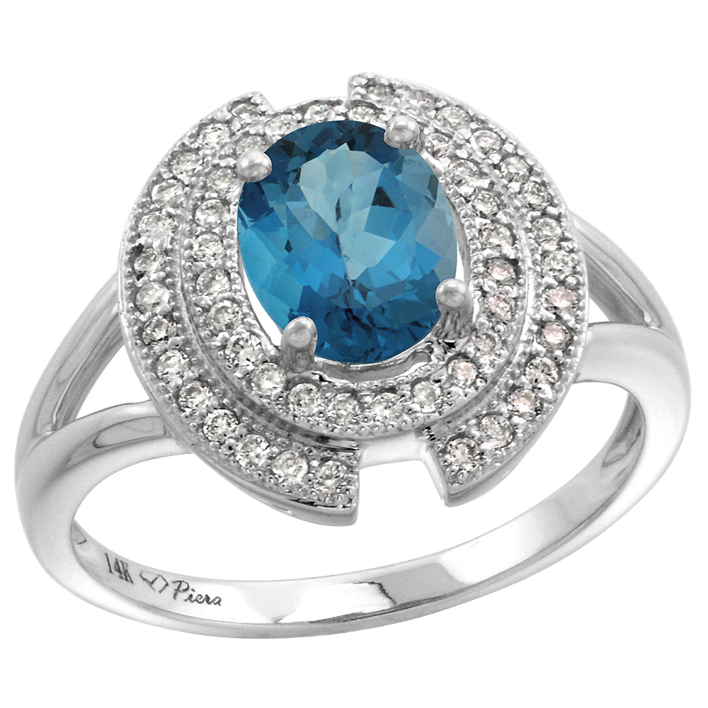 14k White Gold Diamond Halo Genuine London Blue Topaz Engagement Ring Oval 8x6mm, size 5-10