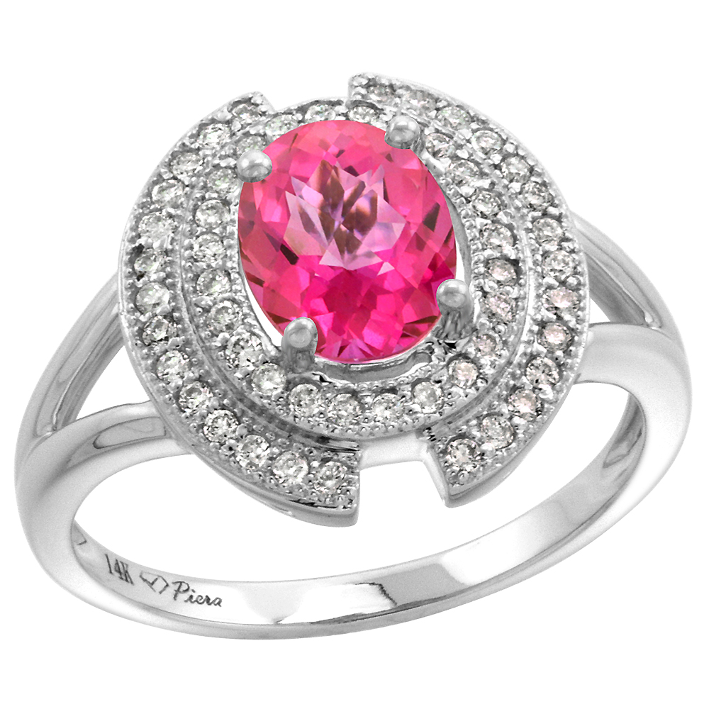 14k White Gold Diamond Halo Genuine Pink Topaz Engagement Ring Oval 8x6mm, size 5-10
