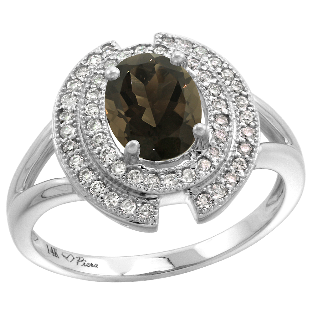 14k White Gold Diamond Halo Genuine Smoky Topaz Engagement Ring Oval 8x6mm, size 5-10