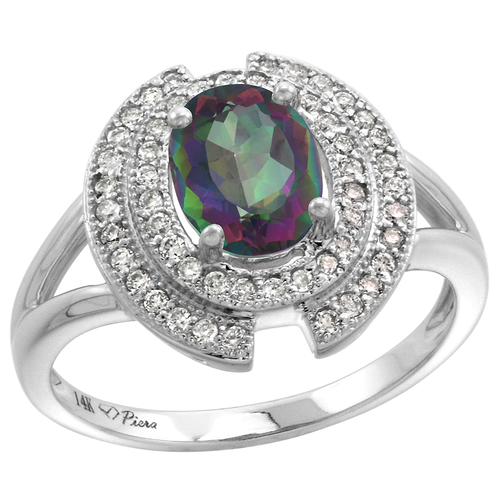 14k White Gold Diamond Halo Genuine Mystic Topaz Engagement Ring Oval 8x6mm, size 5-10
