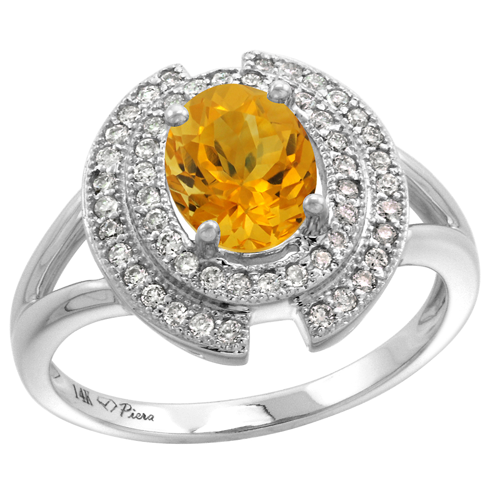 14k White Gold Diamond Halo Genuine Citrine Engagement Ring Oval 8x6mm, size 5-10