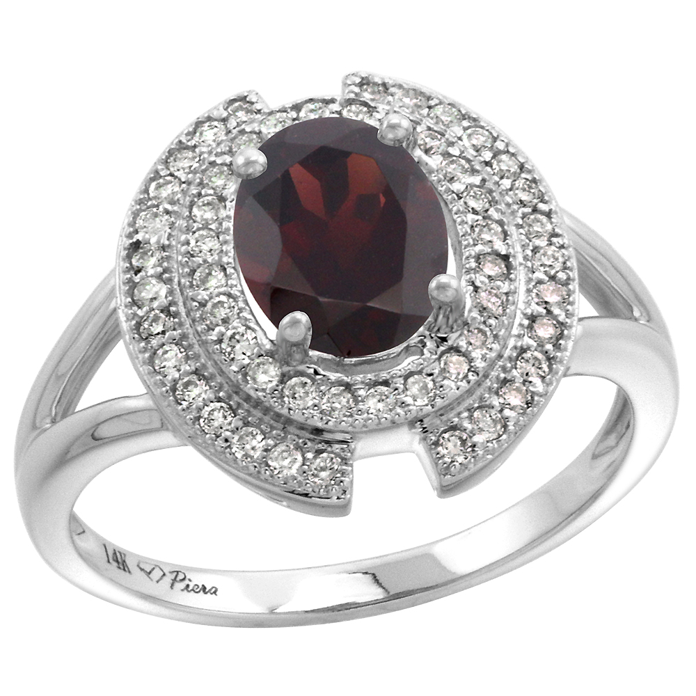 14k White Gold Diamond Halo Genuine Garnet Engagement Ring Oval 8x6mm, size 5-10