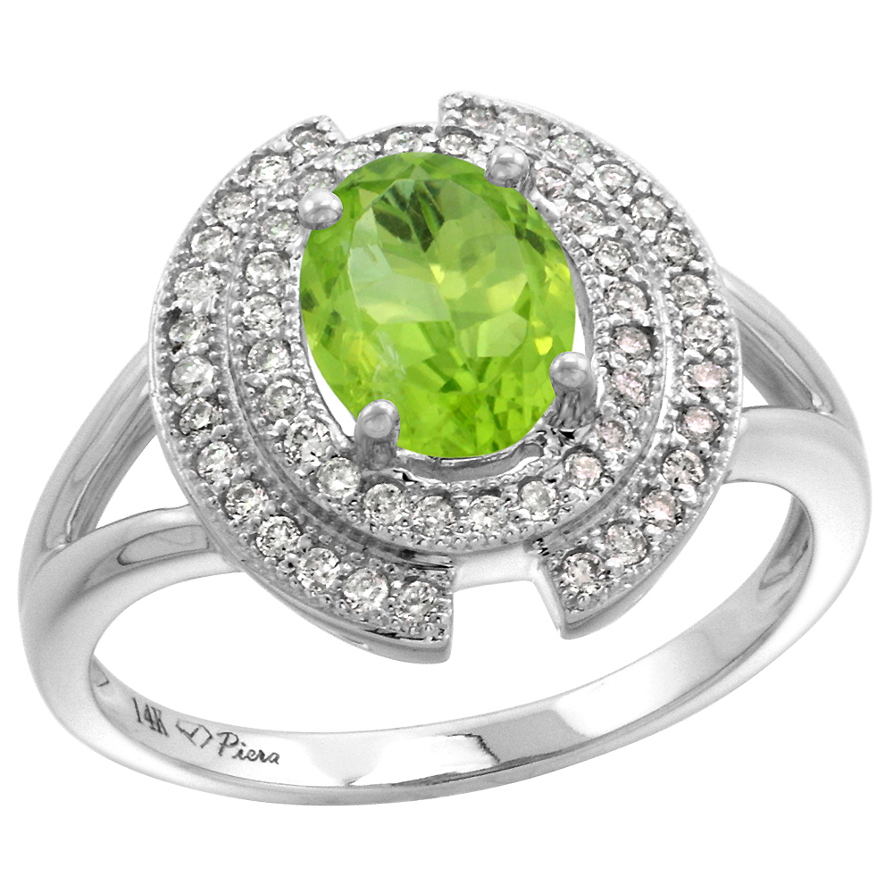 14k White Gold Diamond Halo Genuine Peridot Engagement Ring Oval 8x6mm, size 5-10