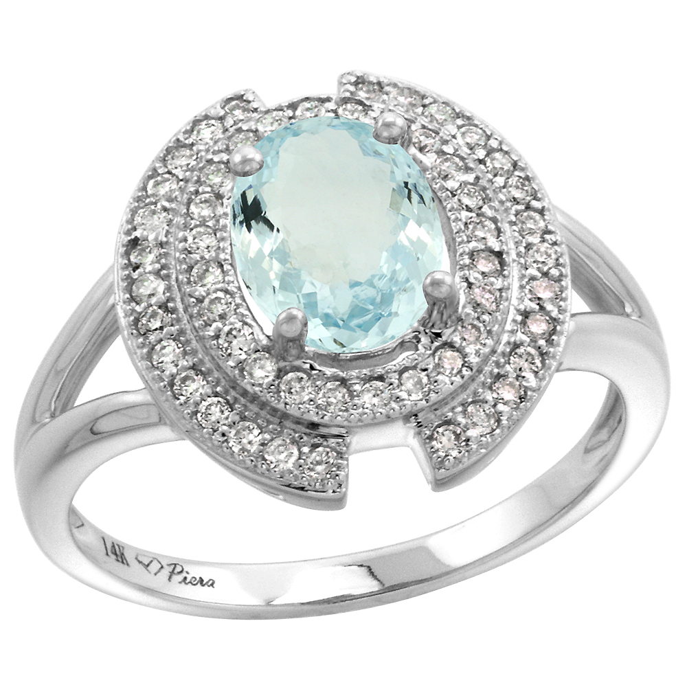 14k White Gold Diamond Halo Genuine Aquamarine Engagement Ring Oval 8x6mm, size 5-10