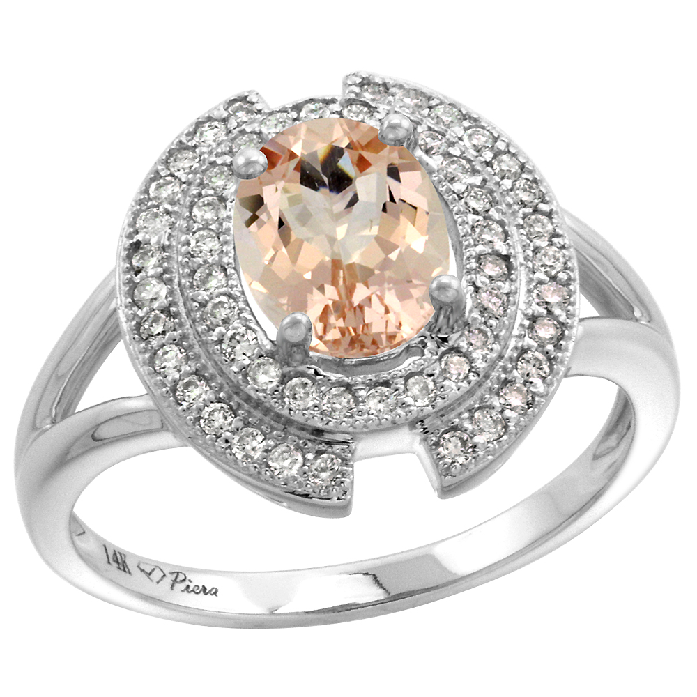 14k White Gold Diamond Halo Genuine Morganite Engagement Ring Oval 8x6mm, size 5-10