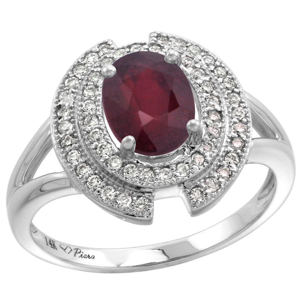 14k White Gold Diamond Halo Enhanced Genuine Ruby Engagement Ring Oval 8x6mm, size 5-10