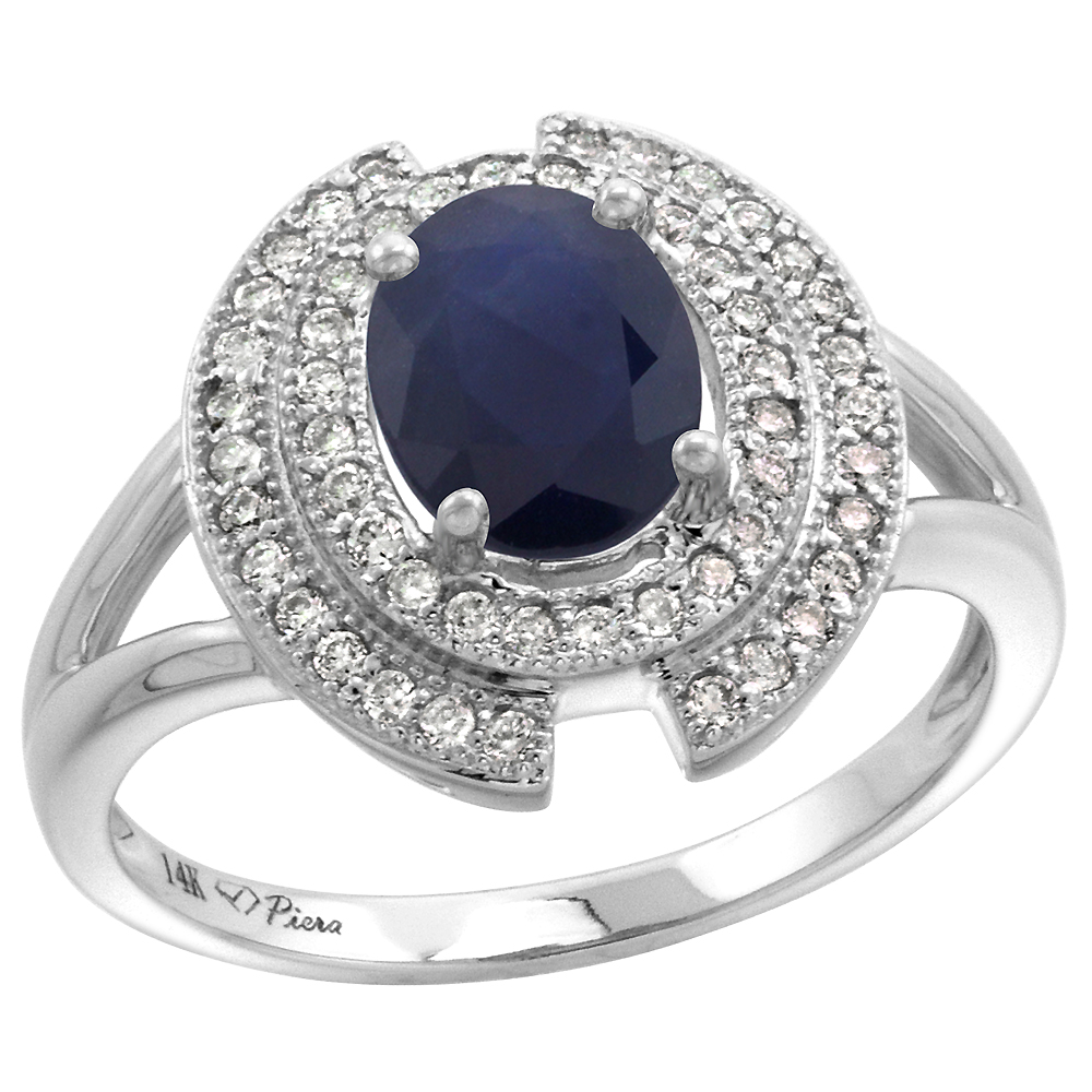 14k White Gold Diamond Halo Genuine Blue Sapphire Engagement Ring Oval 8x6mm, size 5-10