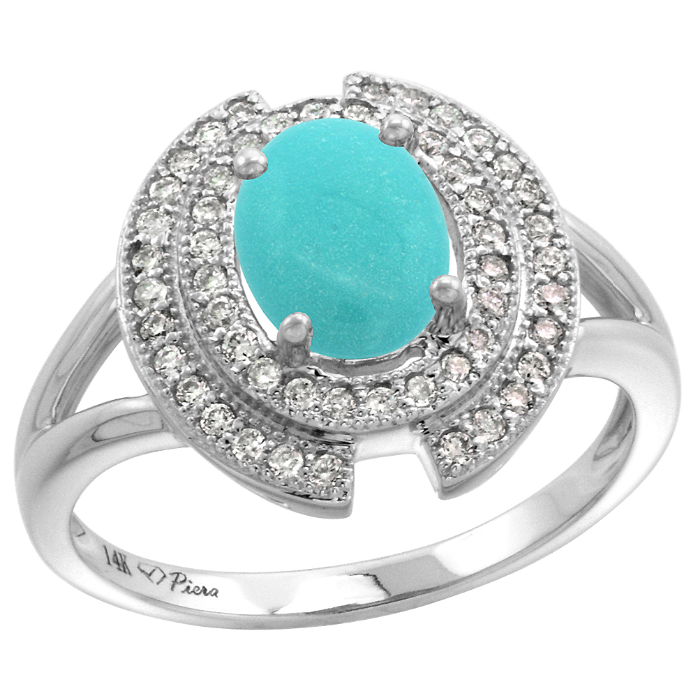 14k White Gold Diamond Halo Genuine Turquoise Engagement Ring Oval 8x6mm, size 5-10