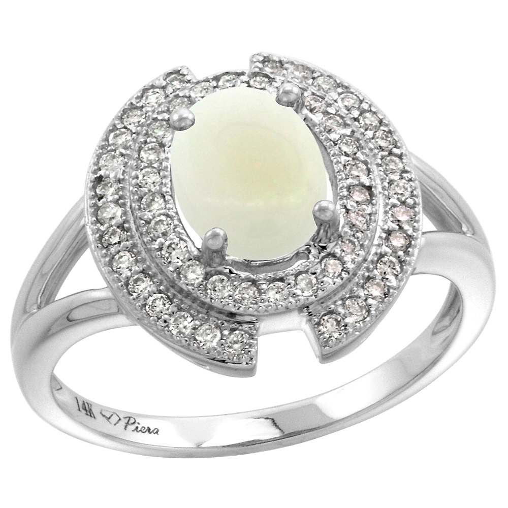 14k White Gold Diamond Halo Genuine Opal Engagement Ring Oval 8x6mm, size 5-10