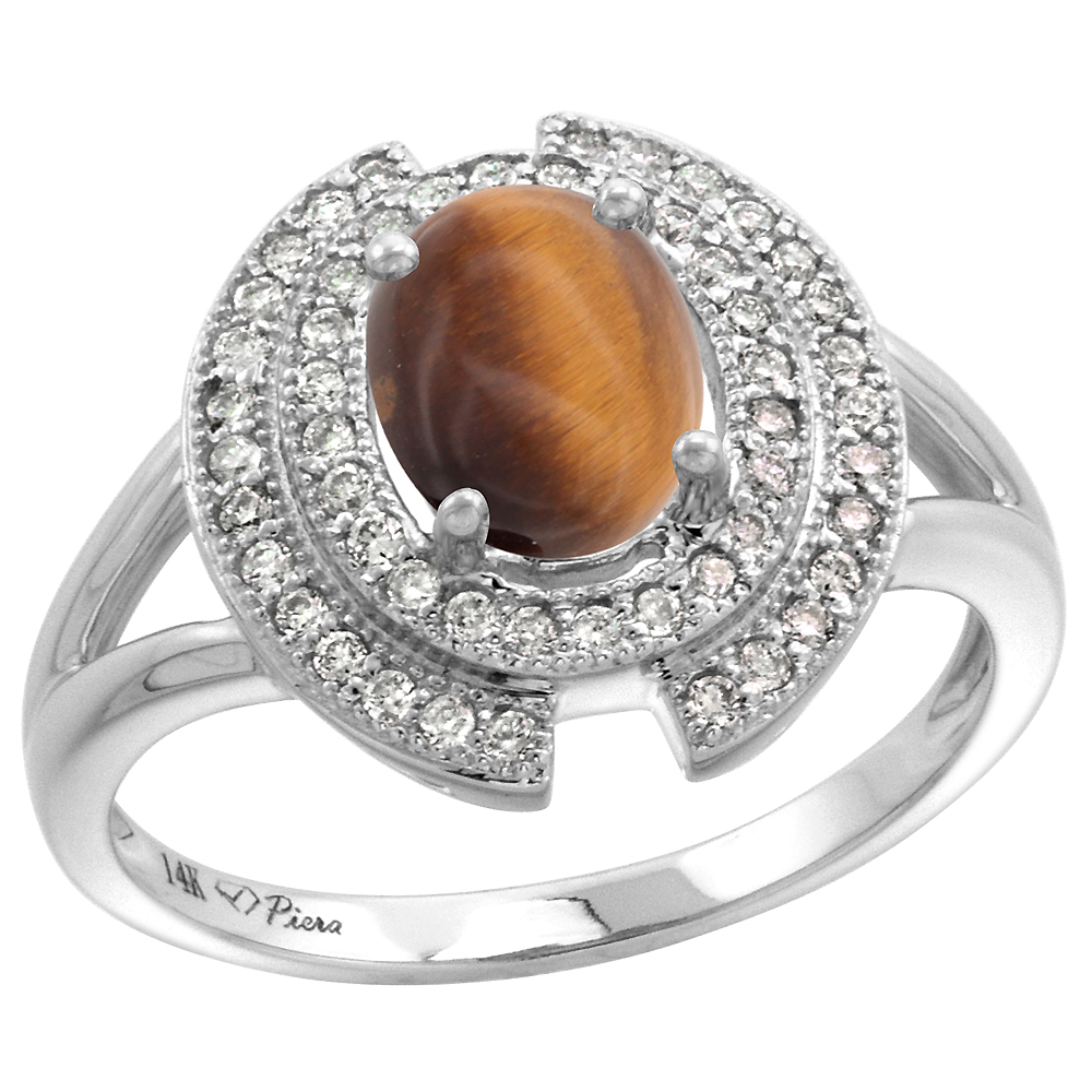14k White Gold Diamond Halo Genuine Tiger Eye Engagement Ring Oval 8x6mm, size 5-10