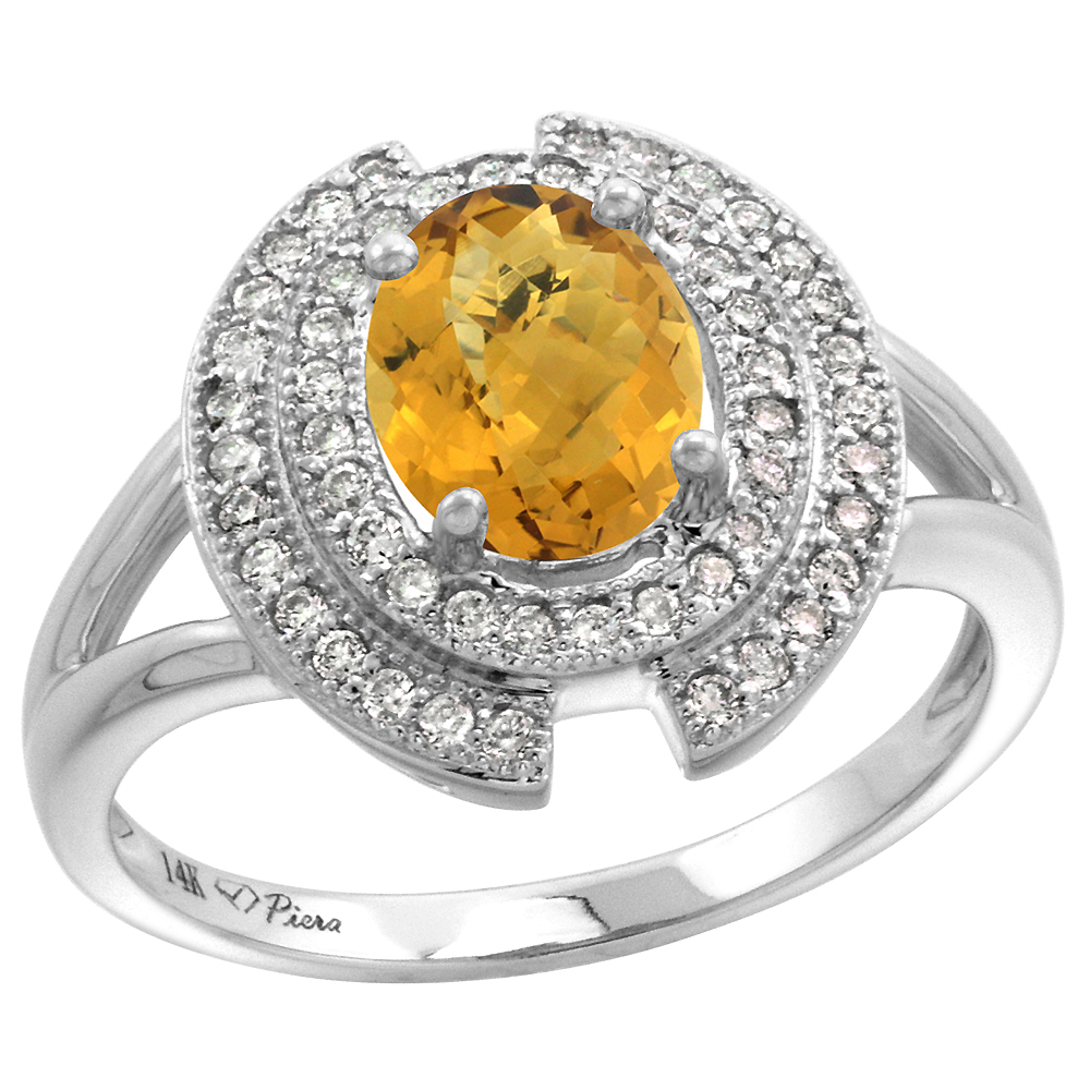 14k White Gold Diamond Halo Genuine Whisky Quartz Engagement Ring Oval 8x6mm, size 5-10