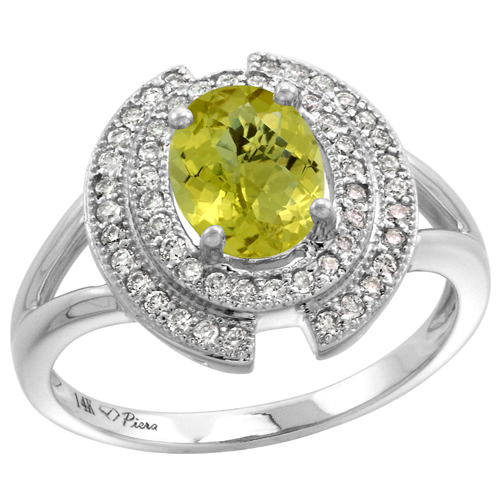 14k White Gold Diamond Halo Genuine Lemon Quartz Engagement Ring Oval 8x6mm, size 5-10