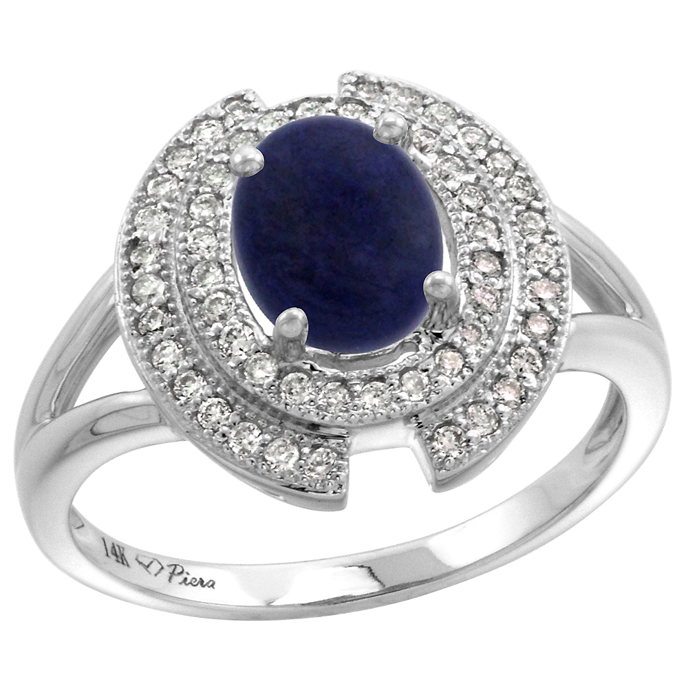 14k White Gold Diamond Halo Genuine Lapis Lazuli Engagement Ring Oval 8x6mm, size 5-10