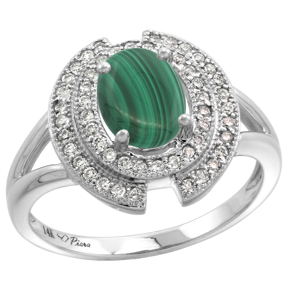 14k White Gold Diamond Halo Genuine Malachite Engagement Ring Oval 8x6mm, size 5-10
