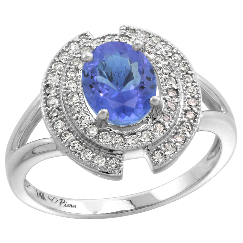 14k White Gold Diamond Halo Genuine Tanzanite Engagement Ring Oval 8x6mm, size 5-10