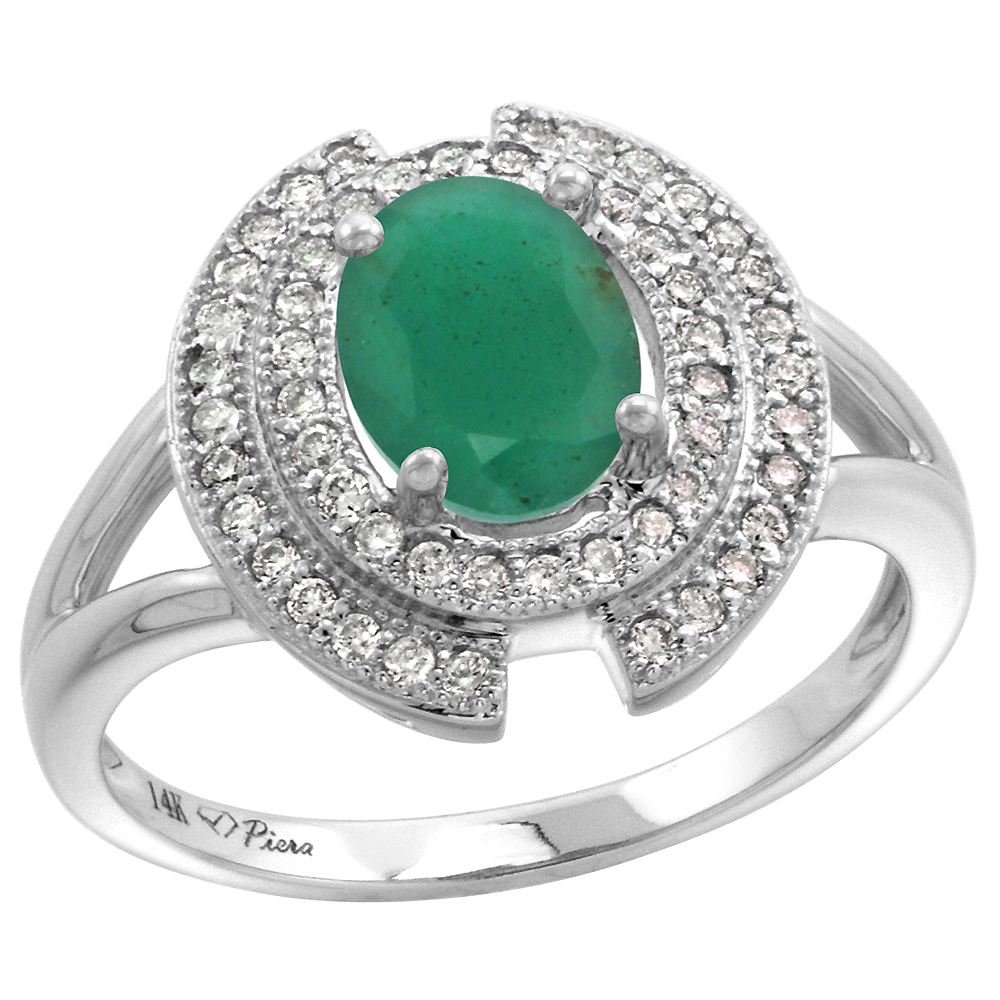 14k White Gold Diamond Halo Genuine Cabochon Emerald Engagement Ring Oval 8x6mm, size5-10