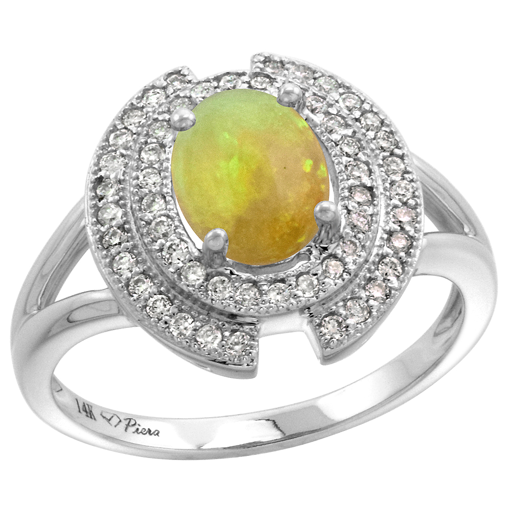 14k White Gold Diamond Halo Genuine Ethiopian Opal Engagement Ring Oval 8x6mm, size 5-10