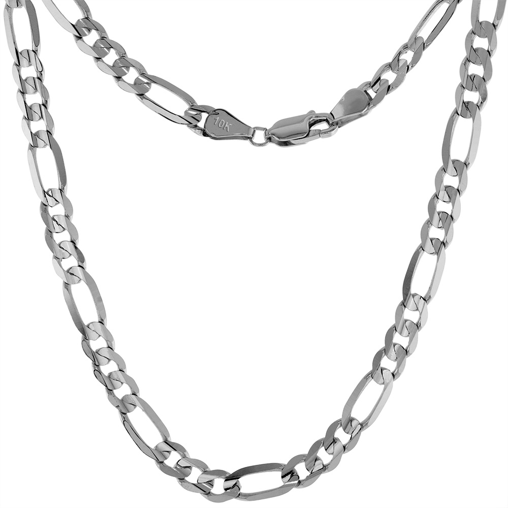 Solid Real 10k White Gold 5mm Figaro Chain Necklaces & Bracelets for Men & Women Beveled Edges Concaved High Polished 8-30 inch