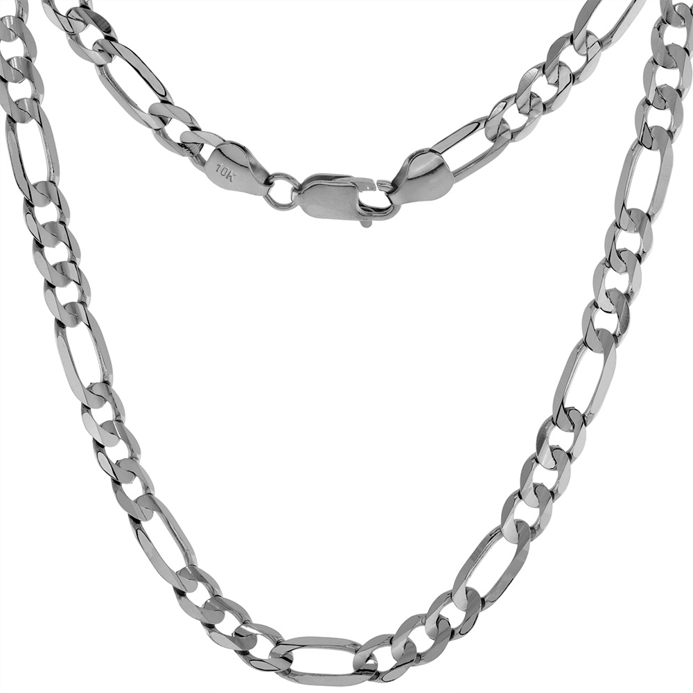 Solid Real 10k White Gold 6mm Figaro Chain Necklaces & Bracelets for Men & Women Beveled Edges Concaved High Polished 8-30 inch