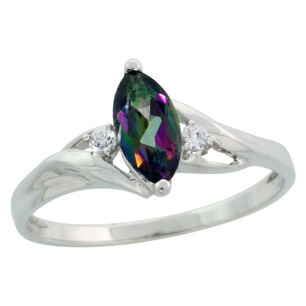 Dainty 10k White Gold Mystic Topaz Ring for Women & Teens Marquise Cut CZ Accent 3/8 inch