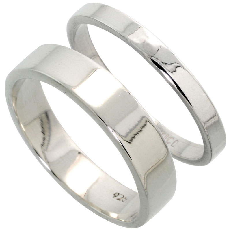 Sterling Silver Flat Wedding Band Ring Set His and Hers 3 mm + 5 mm sizes 4 to 13.5