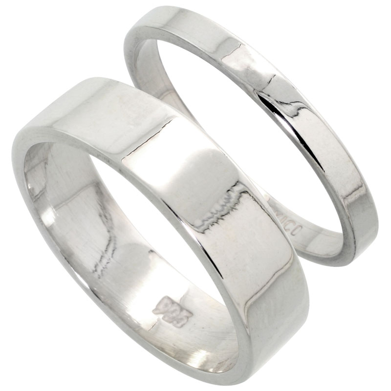 Sterling Silver Flat Wedding Band Ring Set His and Hers 3 mm + 6 mm sizes 4 to 13.5