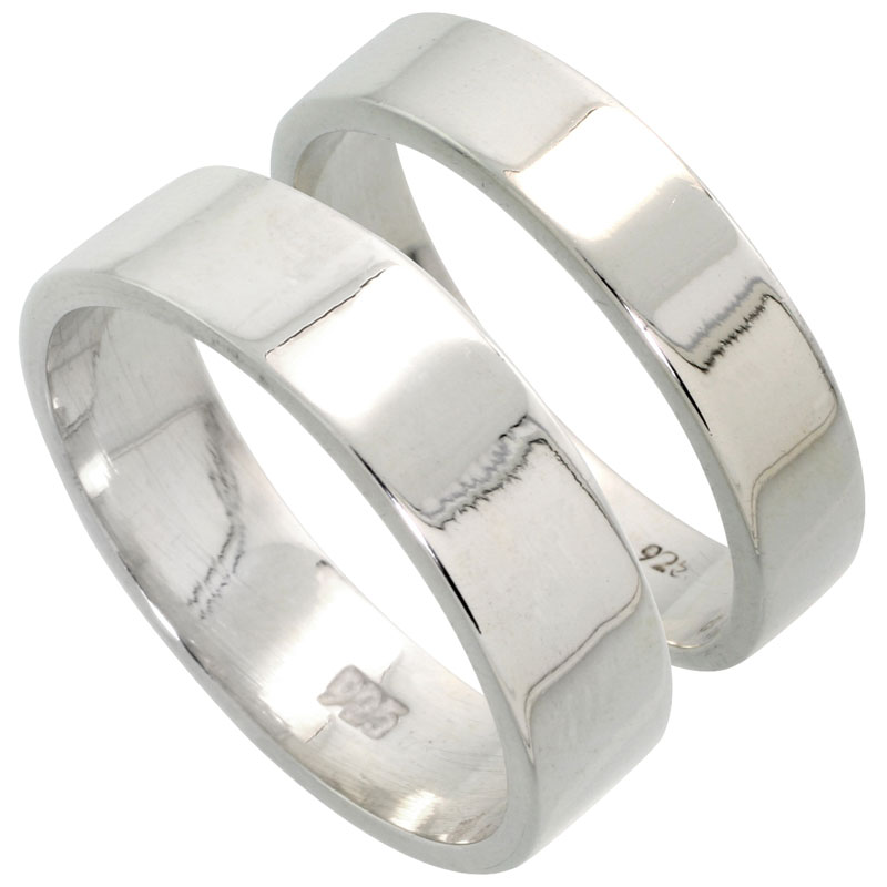 Sterling Silver Flat Wedding Band Ring Set His and Hers 5 mm + 6 mm sizes 4 to 13.5