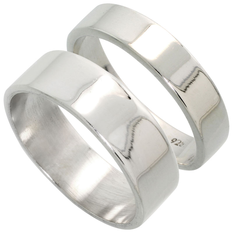 Sterling Silver Flat Wedding Band Ring Set His and Hers 5 mm + 7 mm sizes 4 to 13.5