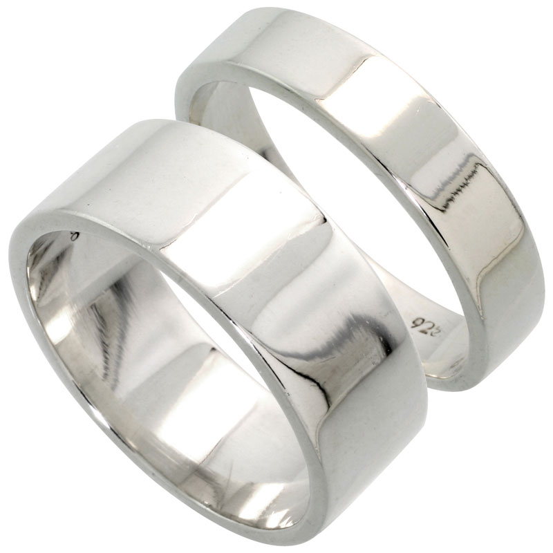 Sterling Silver Flat Wedding Band Ring Set His and Hers 5 mm + 8 mm sizes 4 to 13.5