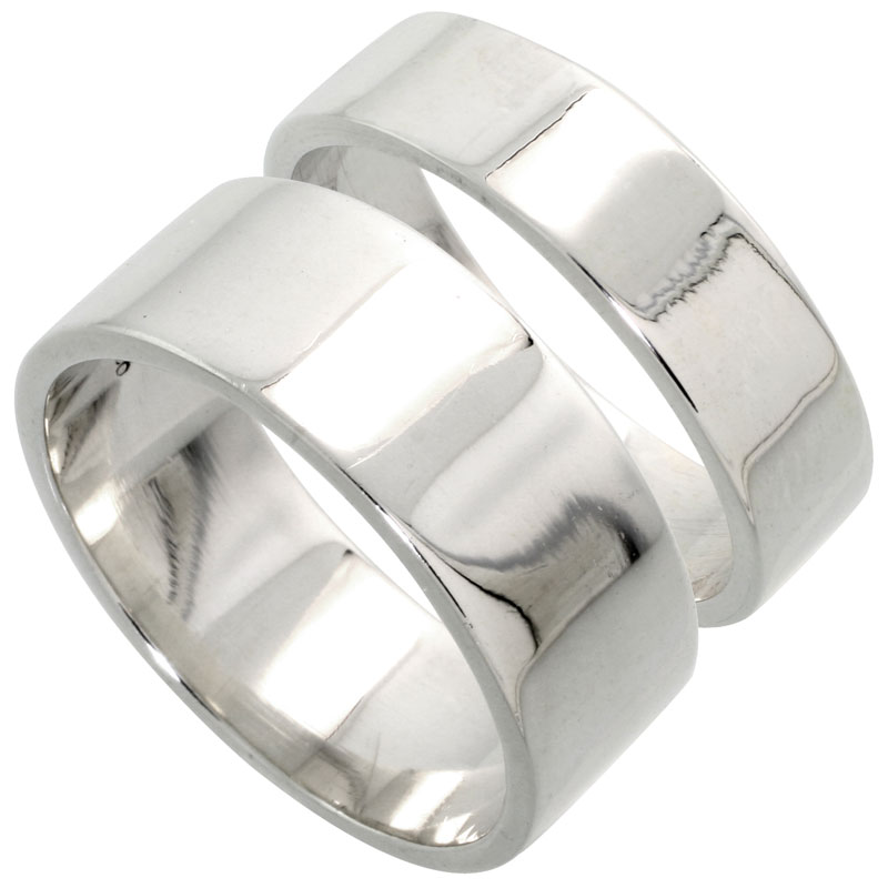 Sterling Silver Flat Wedding Band Ring Set His and Hers 6 mm + 8 mm sizes 4 to 13.5