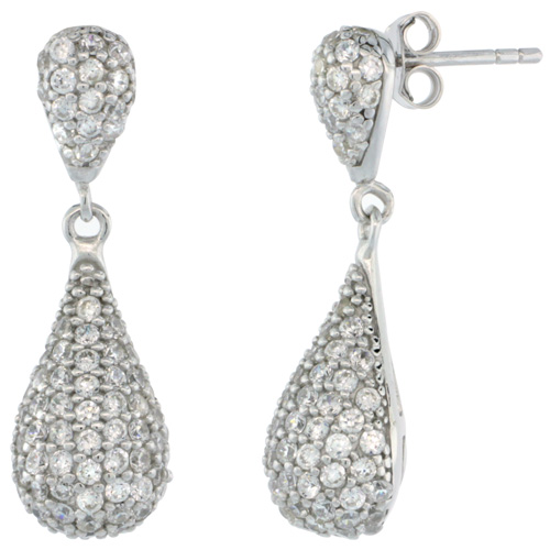 Sterling Silver Cubic Zirconia Teardrop Dangle Earrings Rhodium Finish, 1 3/16 inch long