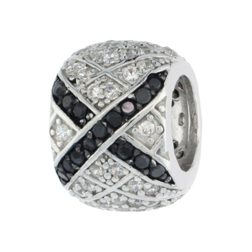 Sterling Silver Black and White Cubic Zirconia Barrel Type Pendant X Design, 7/16 inch wide
