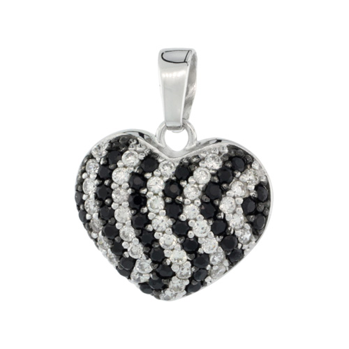 Sterling Silver Black and White Cubic Zirconia Heart Pendant, 7/8 inch long