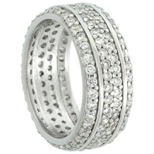 Sterling Silver Micro Pave Cubic Zirconia 4-row Eternity Band 5/16 inch wide, sizes 6 - 9