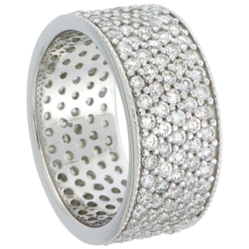 Sterling Silver Micro Pave Cubic Zirconia 5-row Eternity Band Milgrain edge 3/8 inch wide, sizes 6 - 9