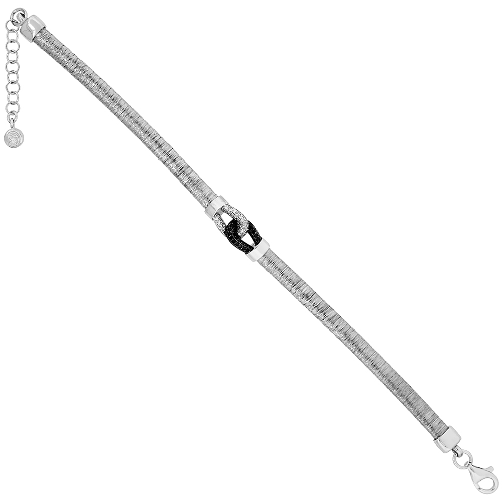 Sterling Silver Black & White Cubic Zirconia Wire Knot Bracelet Rhodium Finish 5/16 inch wide, 7 inch long + 1 inch extension