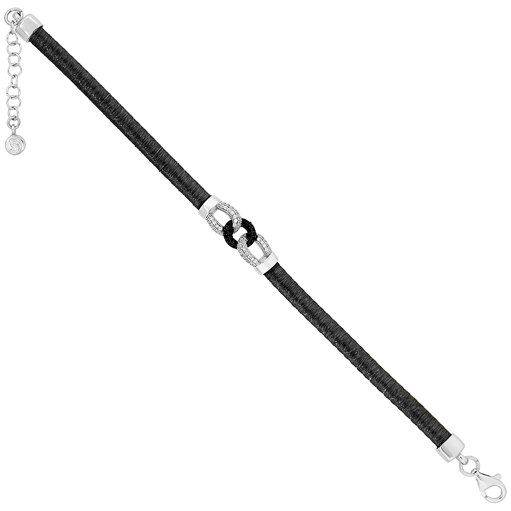 Sterling Silver Black & White Cubic Zirconia Wire Bracelet Triple Circle Black Rhodium Finish 5/16 inch wide, 7 inch long + 1 in