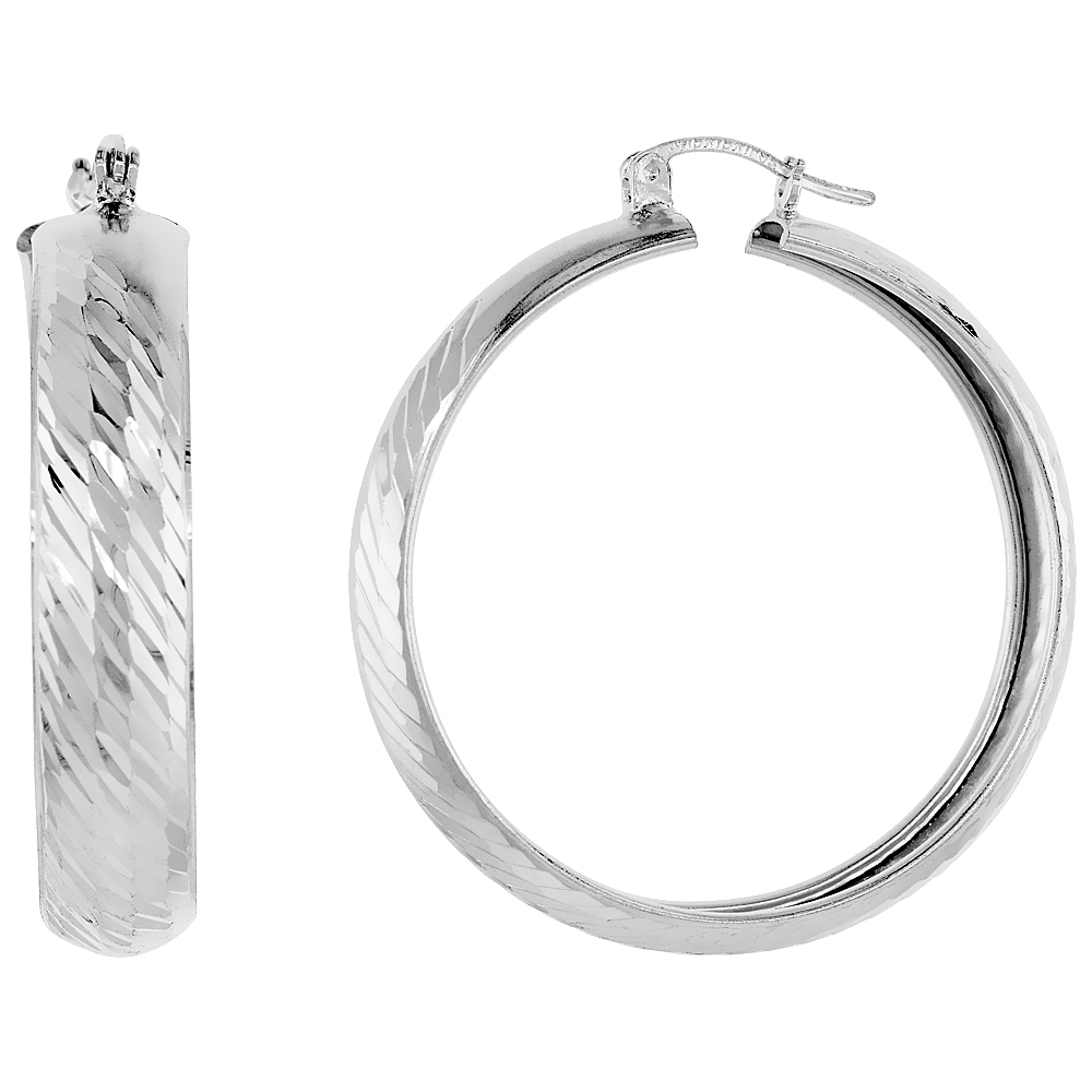 Sterling Silver Diamond cut Hoop Earrings, 1 7/16 inch wide