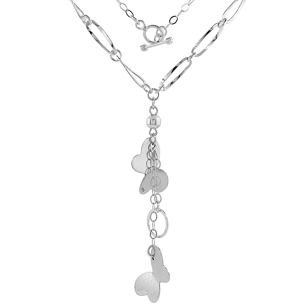Sterling Silver Butterflies Toggle Necklace Long Oval Link, 22 inch long