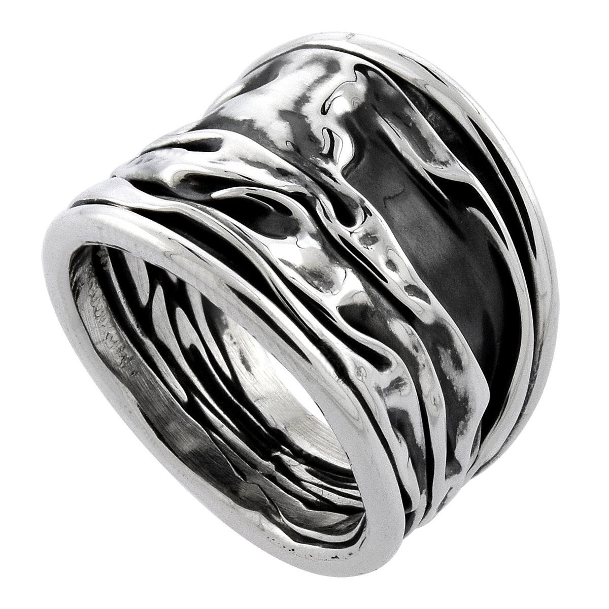 Sterling Silver 15mm Crinkled Ring Tapered Handmade Antiqued finish 9/16 inch wide