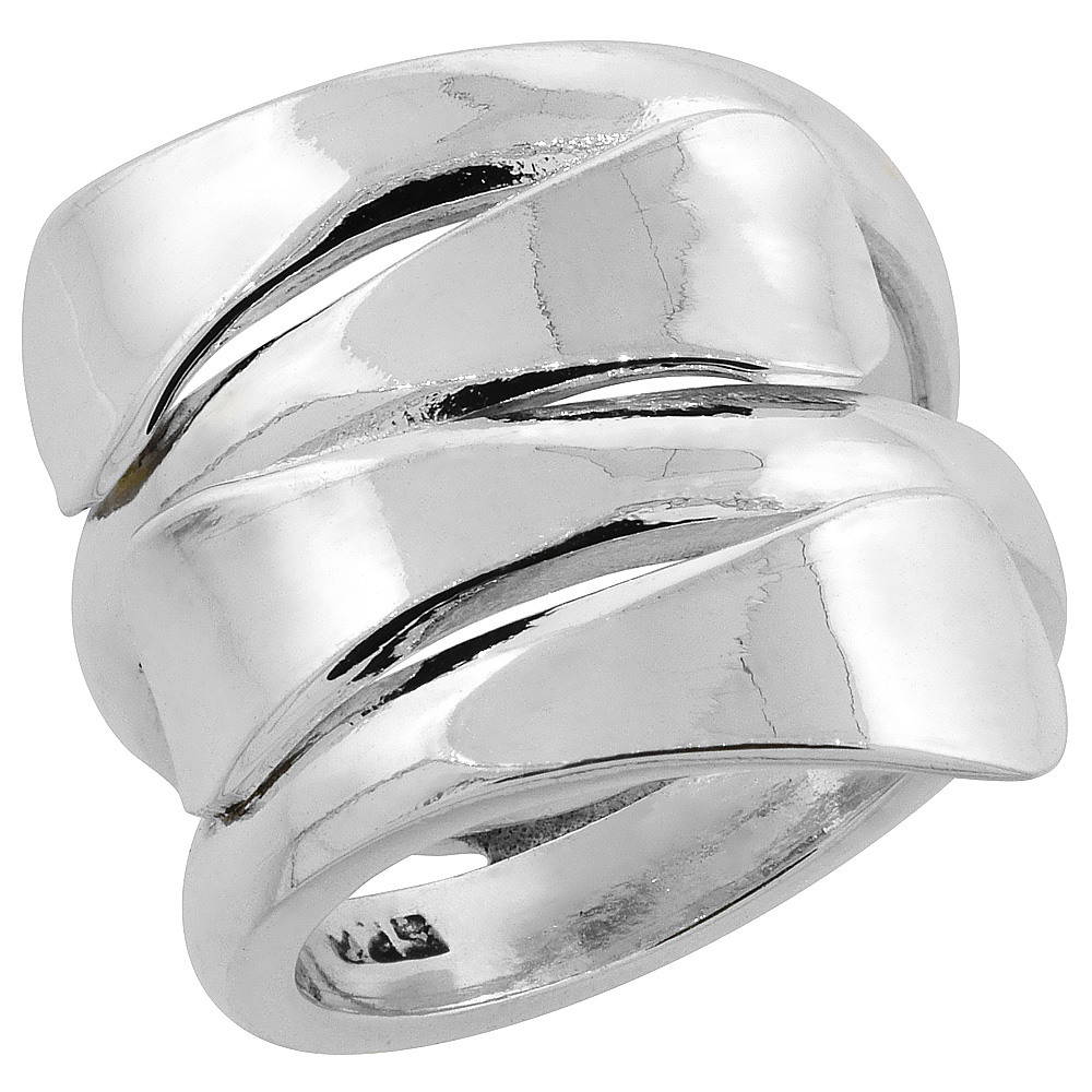 Sterling Silver Double Bypass Ring Flat Wire Leaves Handmade High polish 3/4 inch long