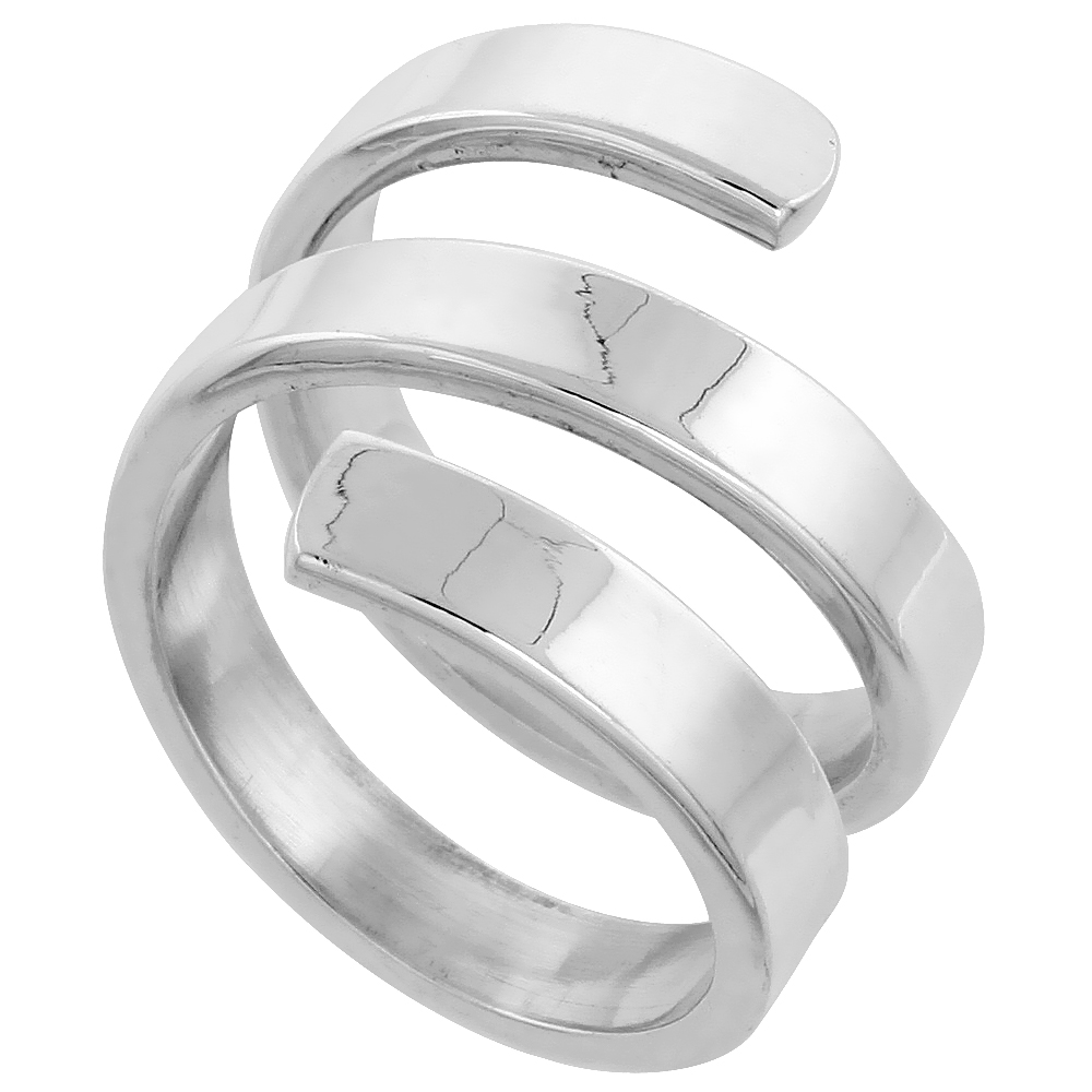Sterling Silver Long Spiral Flat Wire Wrap Ring Handmade 7/8 inch wide