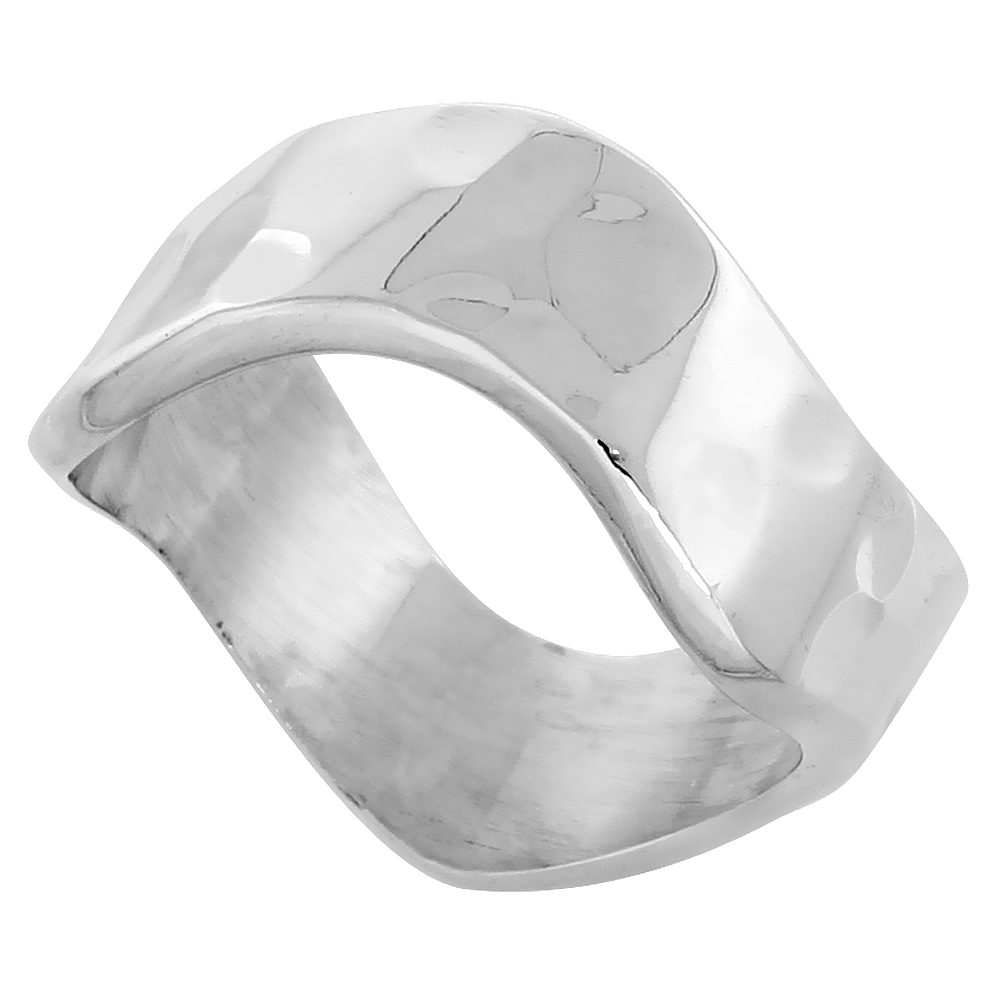 Sterling Silver Heavy Wave Band Hammered Ring for Women and Men 5/16 inch wide